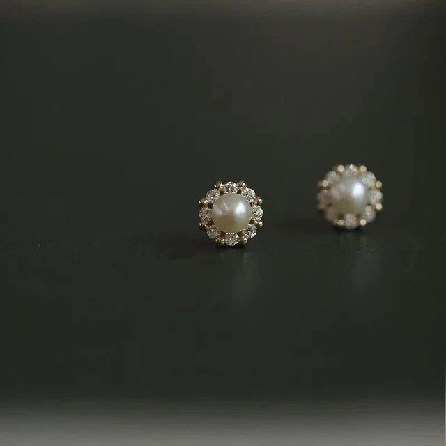 Natural White Pearl 2.00Ct Round Cut 14K Yellow Gold Plated Halo Stud Earrings