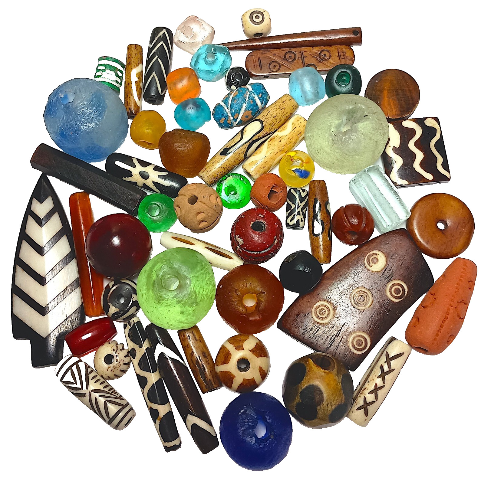 Beads, Asst, 56+ Pcs, All Recycled Materials, 6 Clay, 24 Bone, 18 Glass, 8 Horn