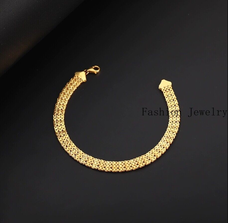 Solid 18K Yellow Gold AU750 Multiple Layer Wide Bracelet Bangle Chain 18cm/7in