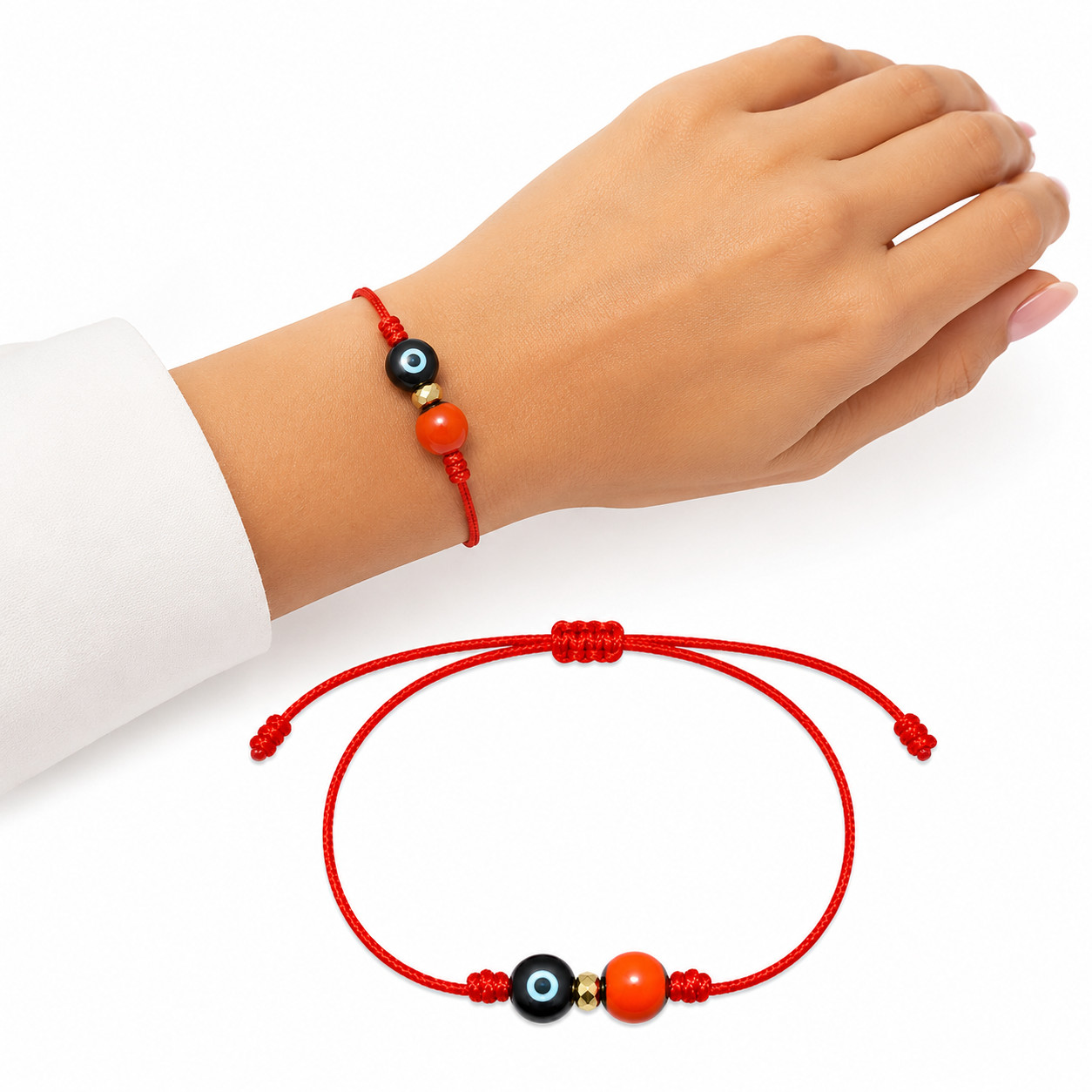 Red String Bracelet with Turkish Evil Eye & Peony Seed Charm – Adjustable Protec