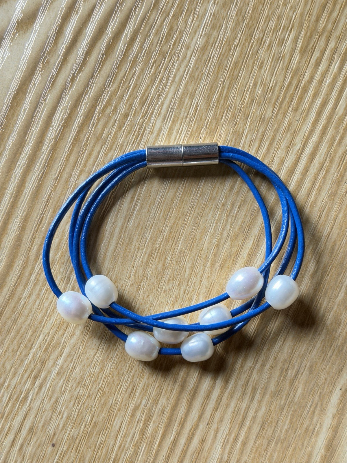 Stackable Blue/White Beaded Cord Wrap Bracelet, Magnetic Clasp, 8 Pearls