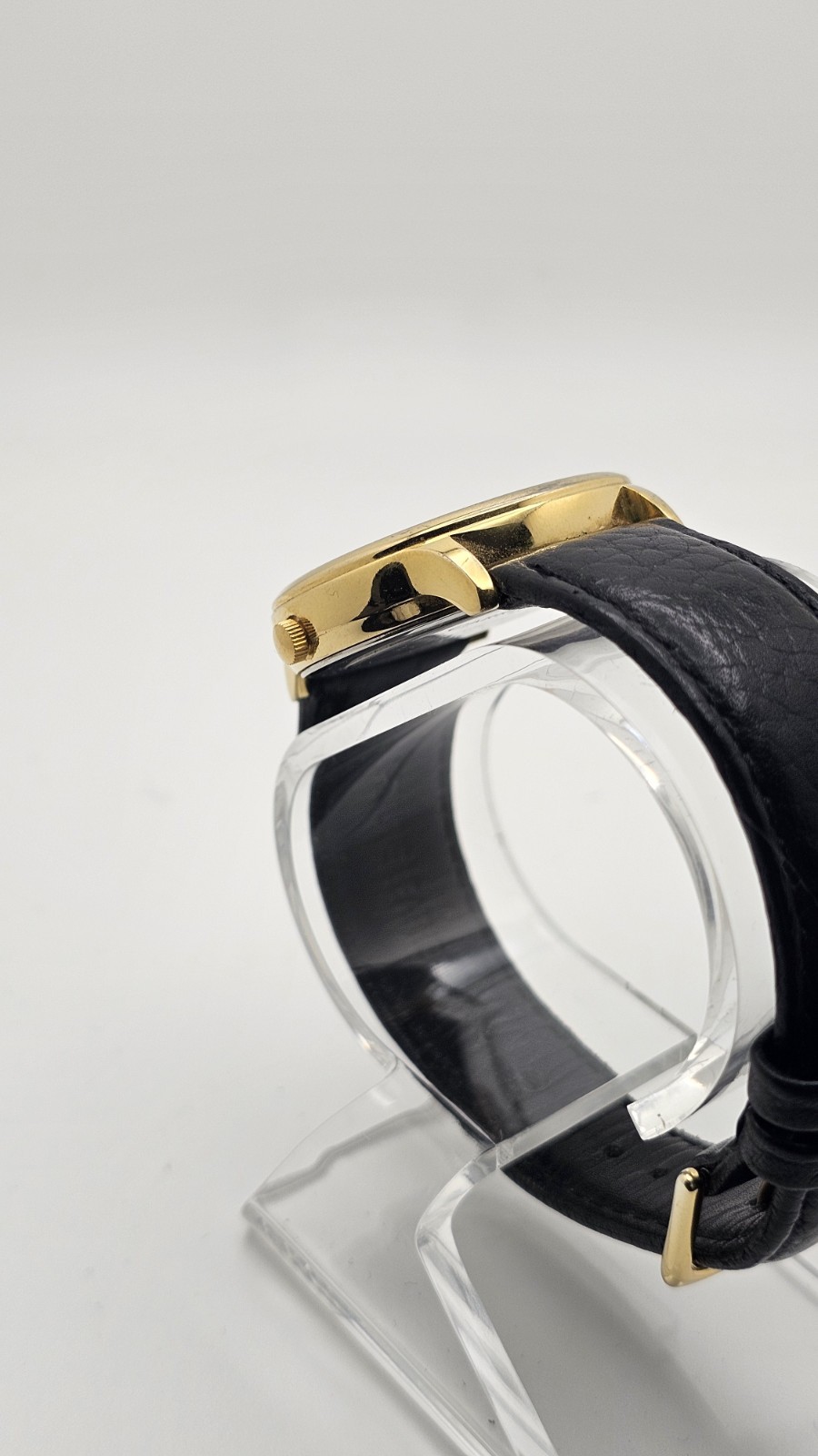Carriage Day Date Gold Tone Case 35 MM Indiglo White Dial Black Leather Watch
