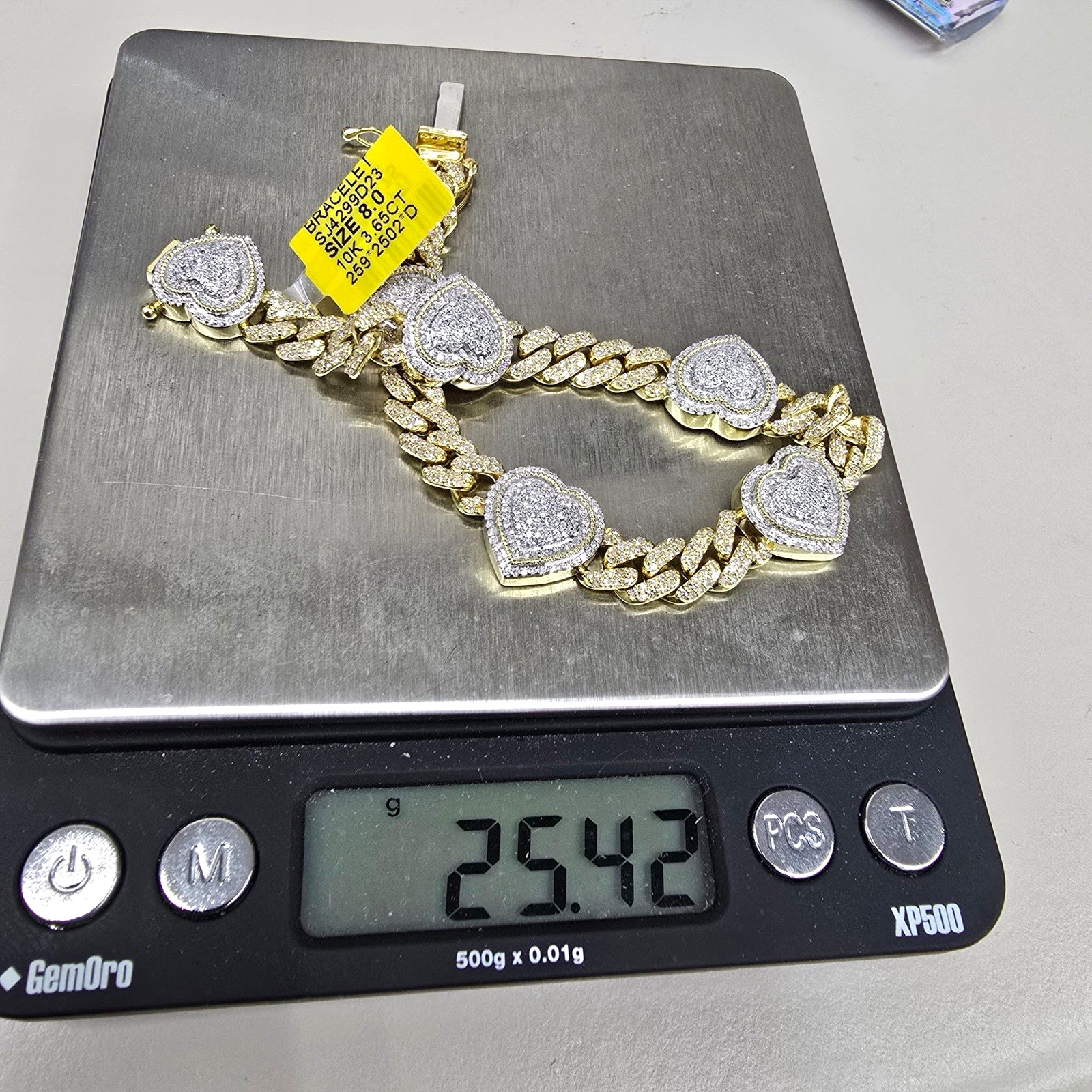 10K Yellow Gold Cuban Link Heart Diamond Bracelet 8in Box Clasp, 3.65 ct