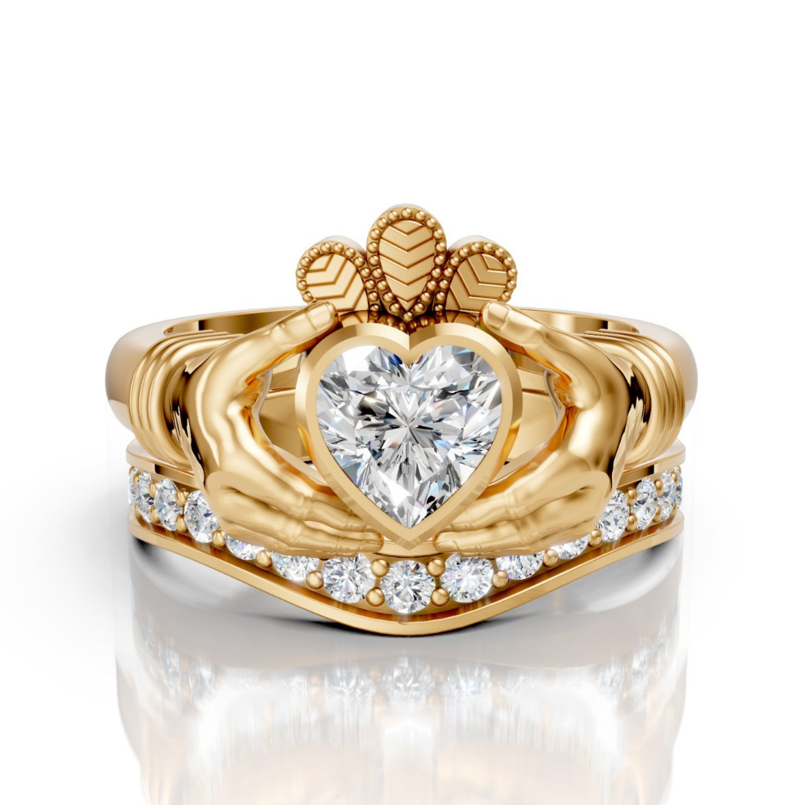 Moissanite Claddagh Bridal Ring Set 925 Sterling Silver Heart Wedding Band