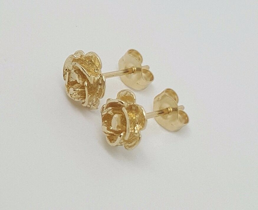 14k Solid Yellow Gold Rose Flower Stud Earrings Push Back 7 MM