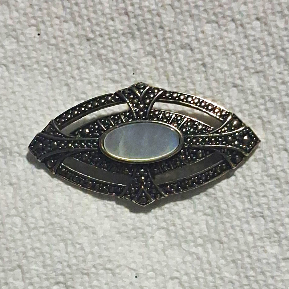 Silver Tone Oval Brooch Pin White Oval Center Stone Marcasite Accents Metal