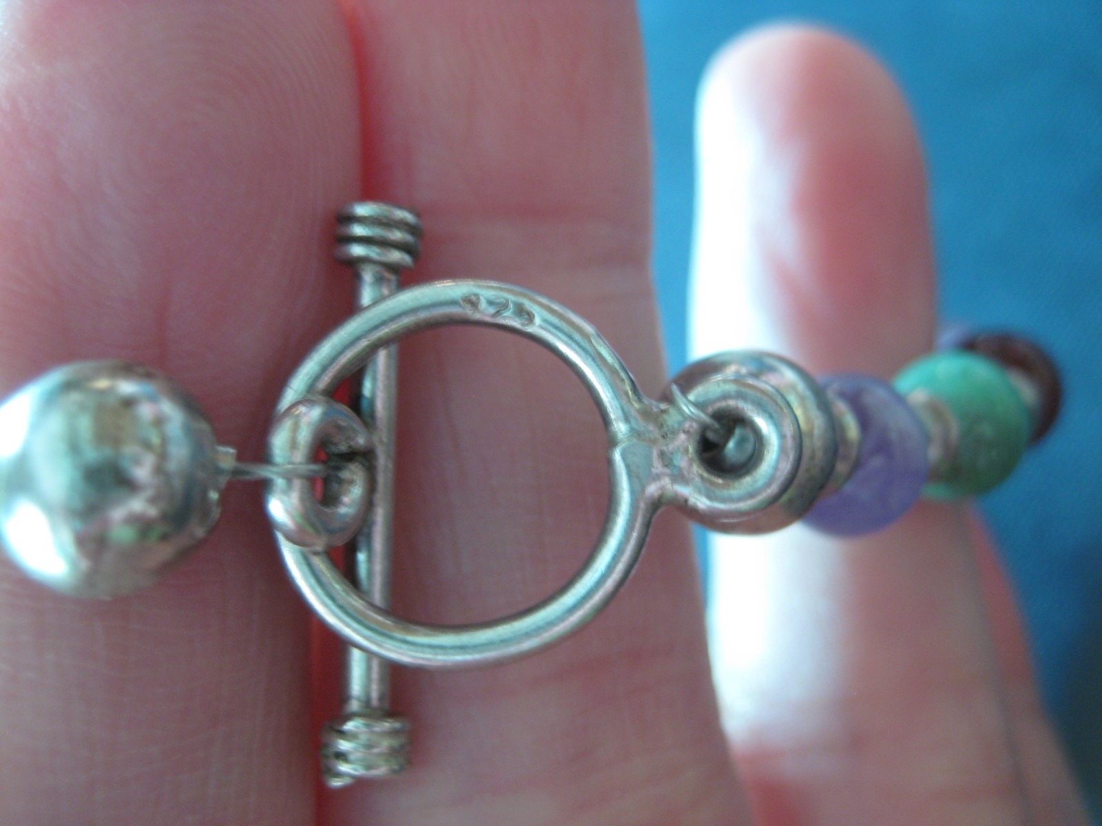Sterling Silver Multi Bead Gemstone Toggle Clasp Bracelet 7.5″ (C9)