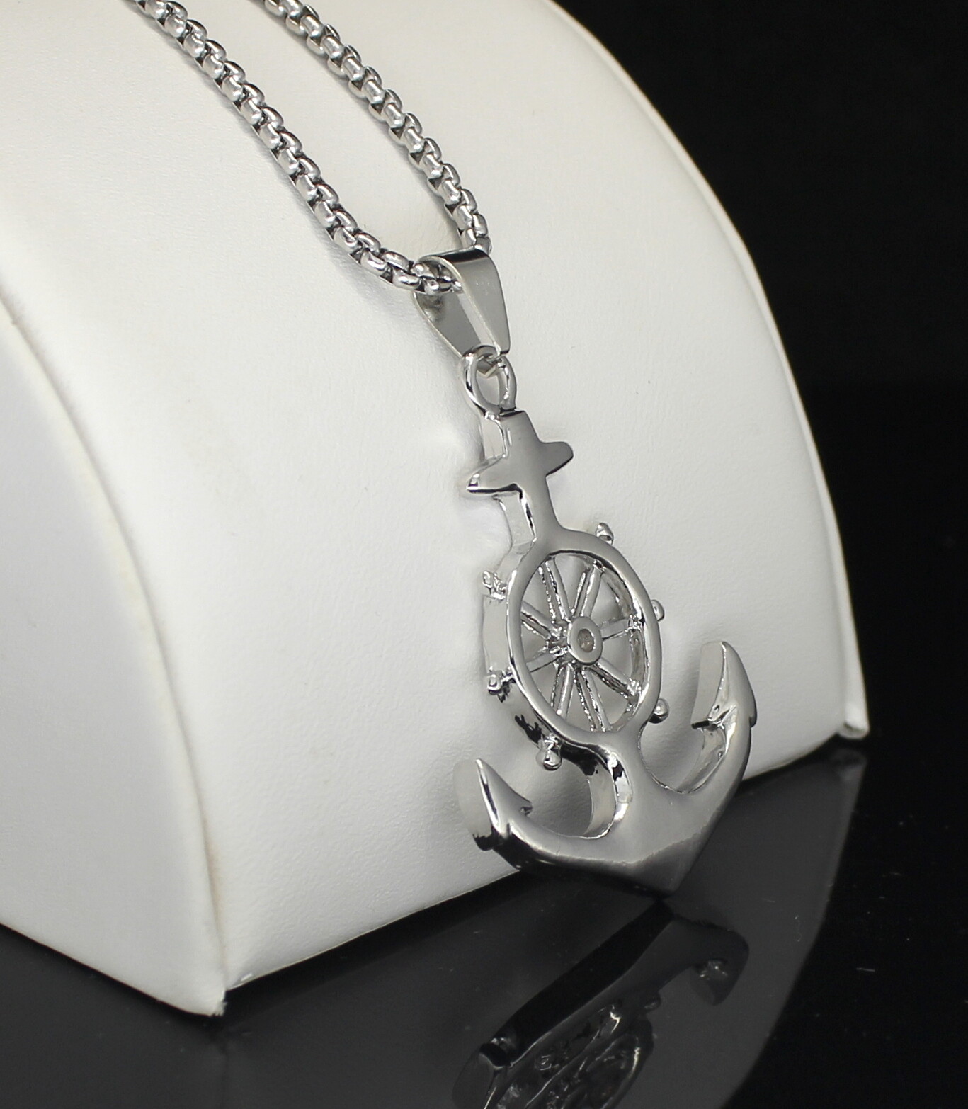 Anchor Wheel Captain Pendant Necklace Stainless Steel 24″ Chain