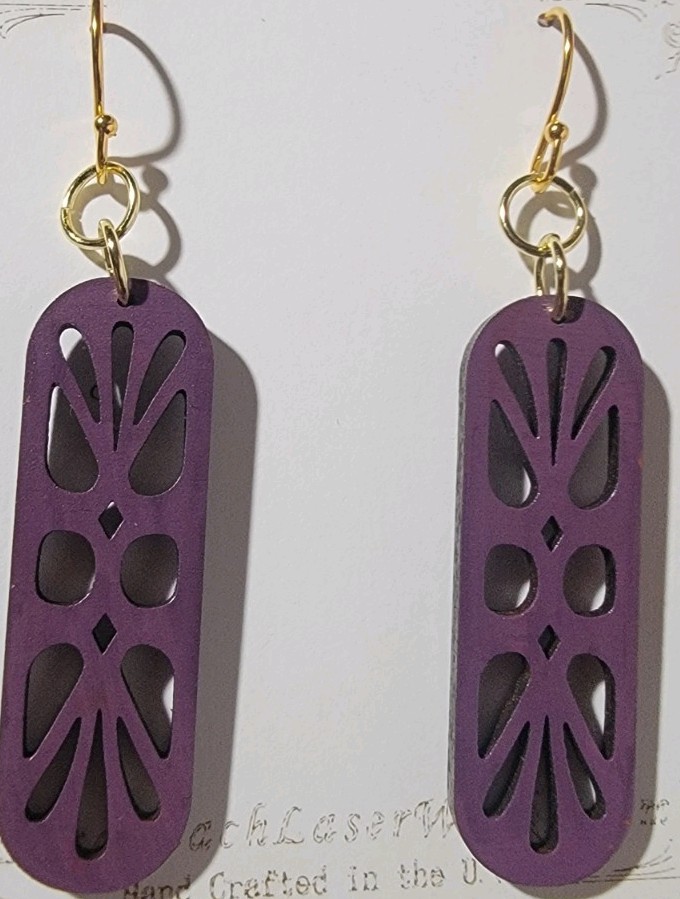 Purple Wooden Rectangle Cutout Dangle/Drop Hook Earrings, No Stone