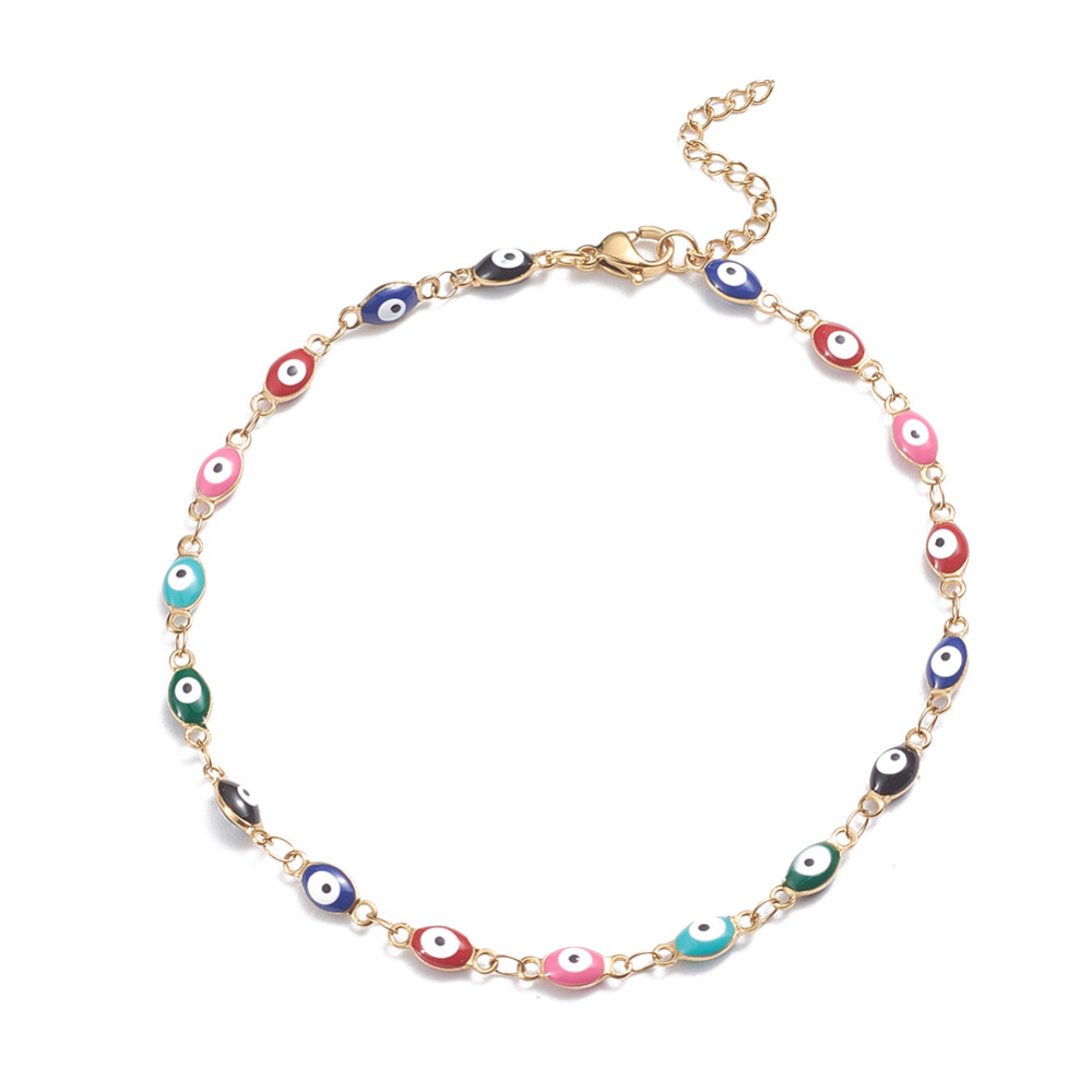 304 Stainless Steel Anklets Enamel Lobster Evil Eye Multicolor Gold 9.6″  A49