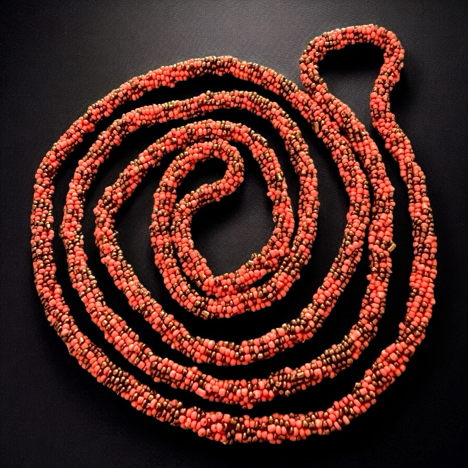 Art Deco Sautoir Necklace Coral Black Glass Bead Crocheted 1920s Flapper