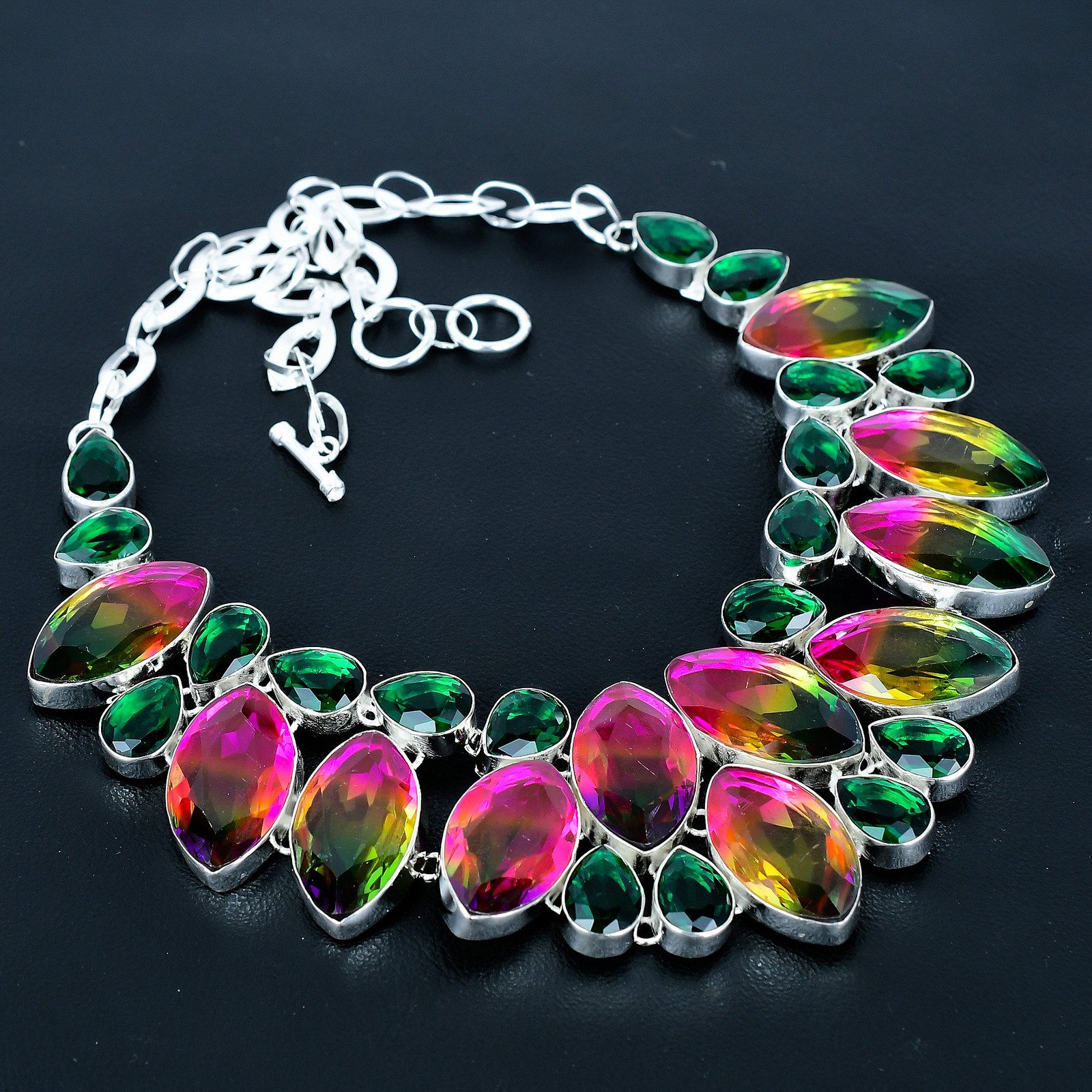 Multi Tourmaline Chrome Diopside Gemstone 925 Sterling Silver Necklace 18″ VJ 90