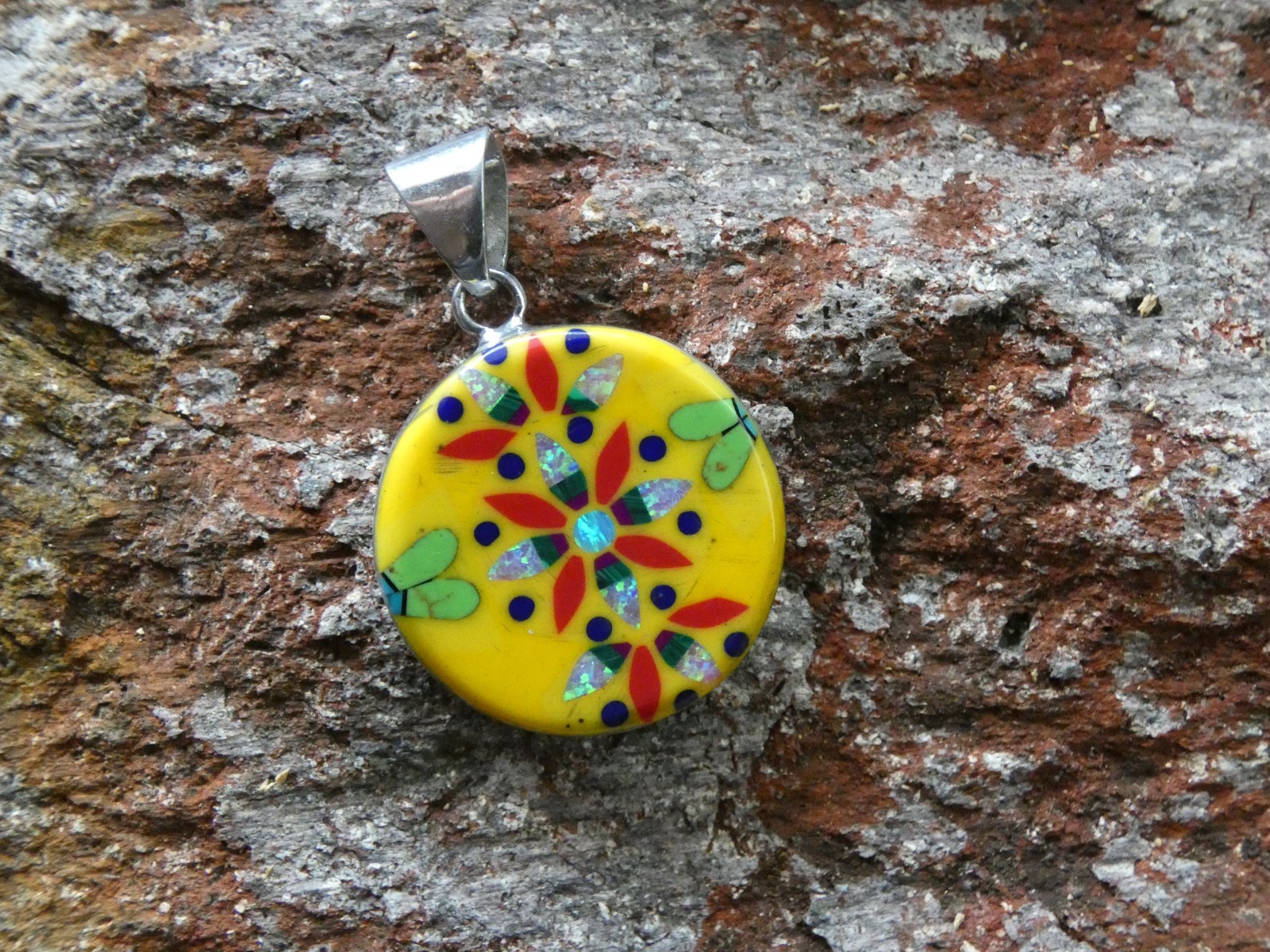 Flower Mosiac Micro Inlay Gemstone Sterling Silver Aluminum Alloy Pendant AT10