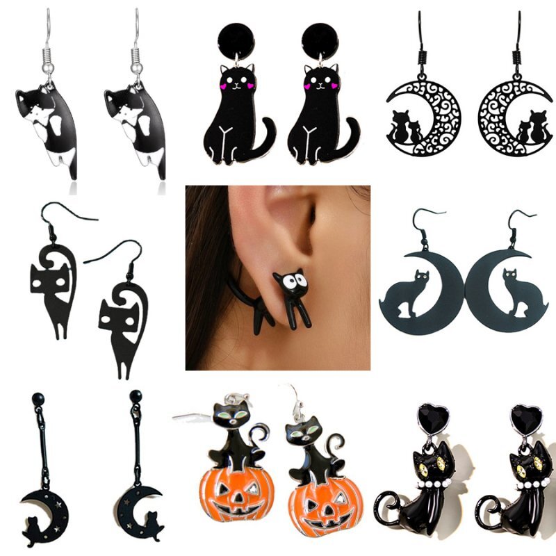 Fashion Black Cat Animal Drop Dangle Earrings Stud Women Halloween Party Jewelry