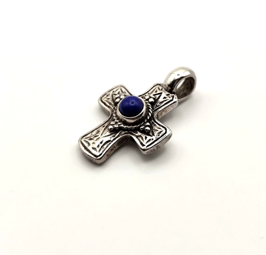 Silver Cross Pendant with Lapis Lazuli Stone for Necklace