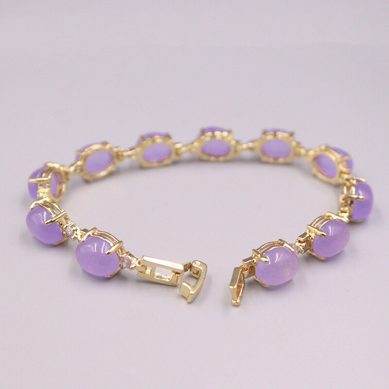 Natural Purple Jade Bracelet For Women Gemstone Gold Plated Bracelet 7.2”L