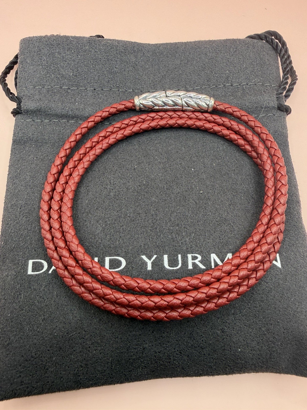 David Yurman Sterling Silver Leather Chevron Triple Red Wrap Bracelet Medium