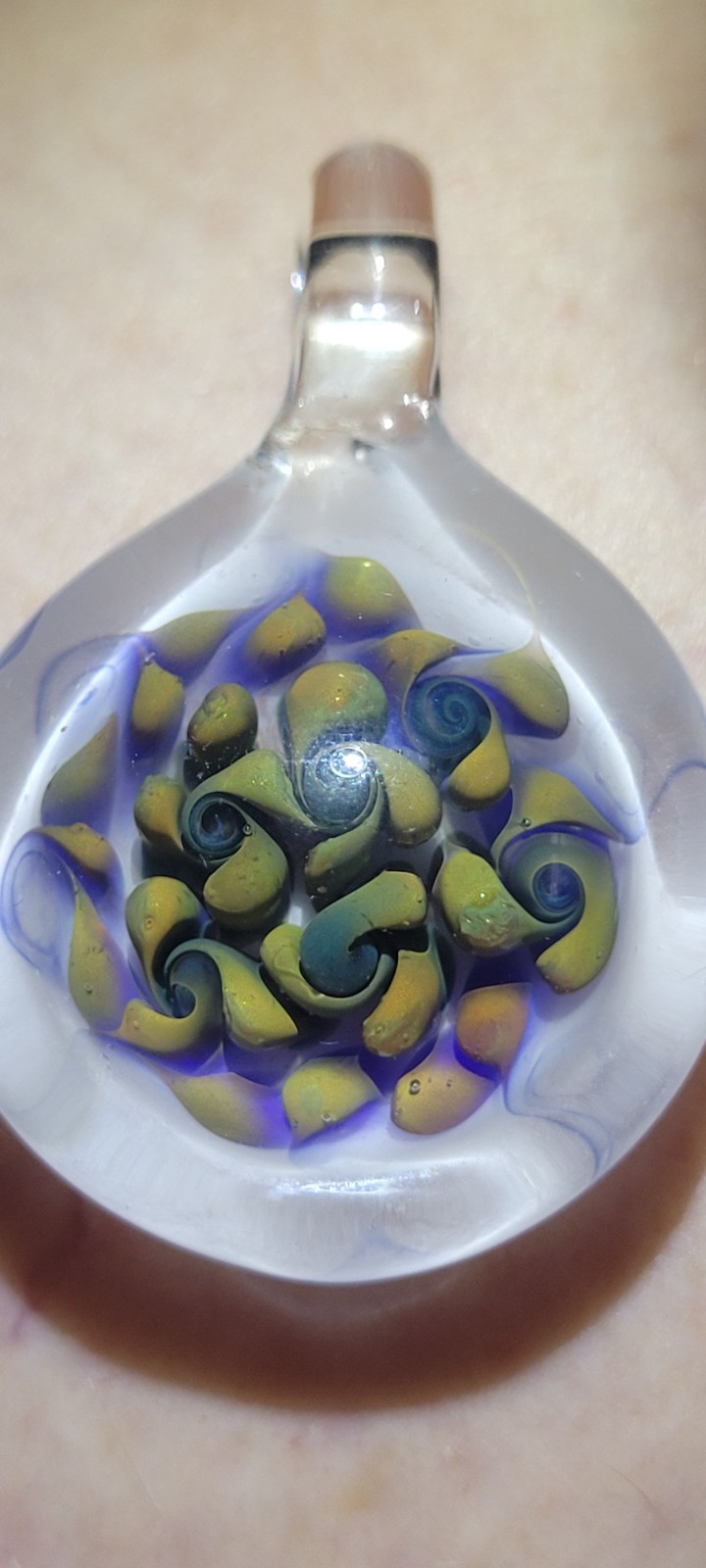 Handmade Clear Multicolor Glass Round Pendant, Lampwork Blue Yellow Swirl Design