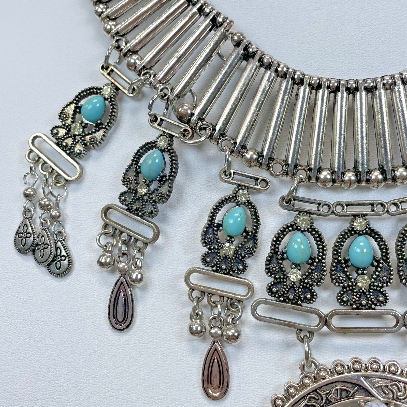 Silver Tone Faux Turquoise Matrix Statement Necklace Feather Bead Southwestern