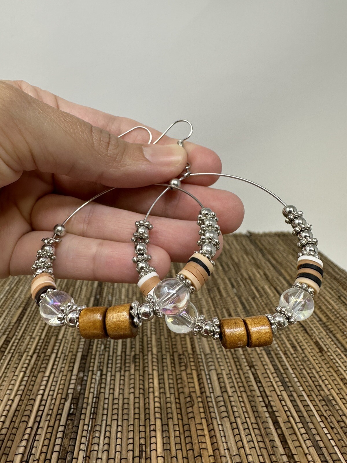 Silver tone boho hoop earrings handmade with wire and beads bohemian earrings
