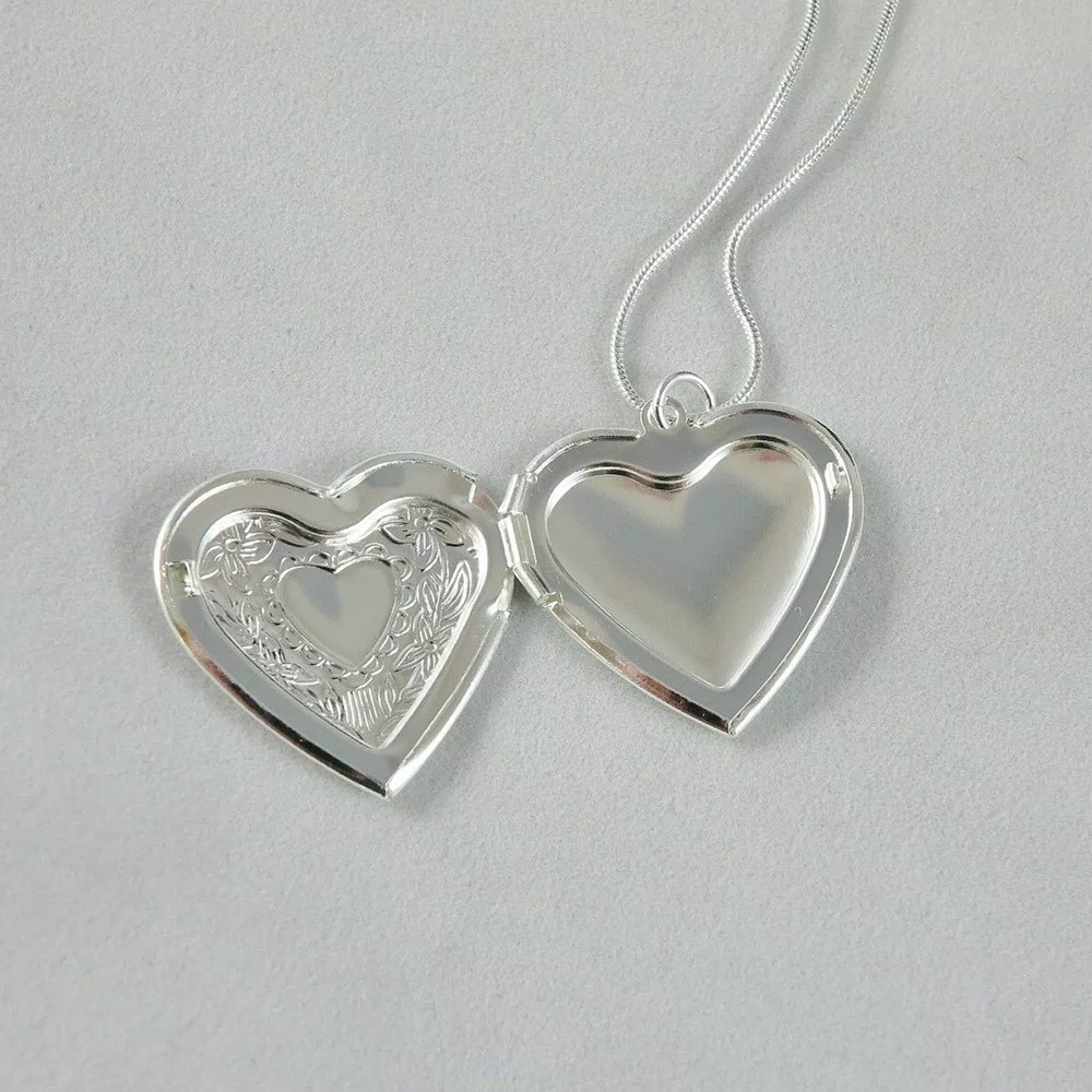 925 Sterling Silver Plated Heart Necklace, Locket Photo Picture Pendant 18″ N1