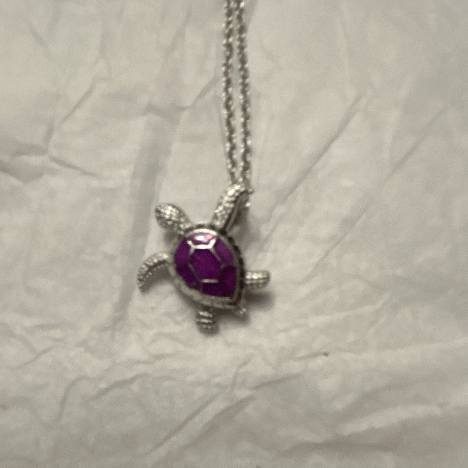 Silver Tone Cable Chain Necklace Purple Stone Turtle Charm Pendant Lobster Clasp