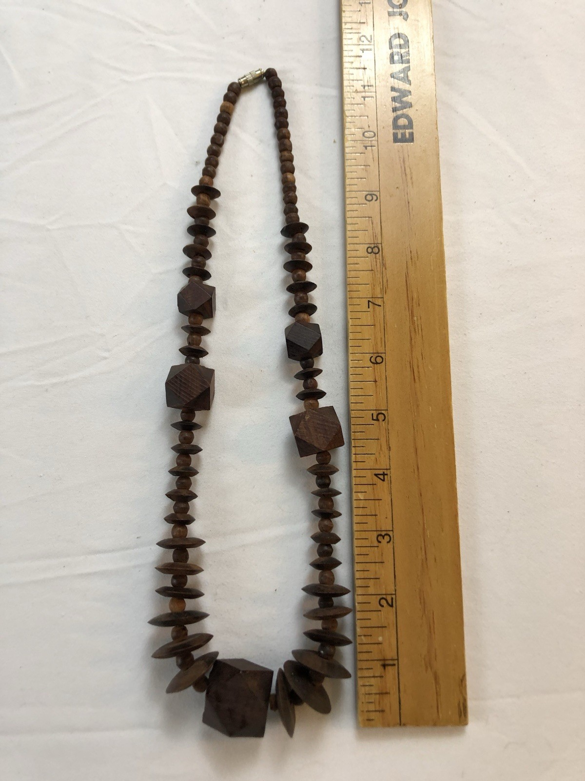Vintage Handcrafted Dark Wood Beaded Statement Necklace Geometric Boho Artisan