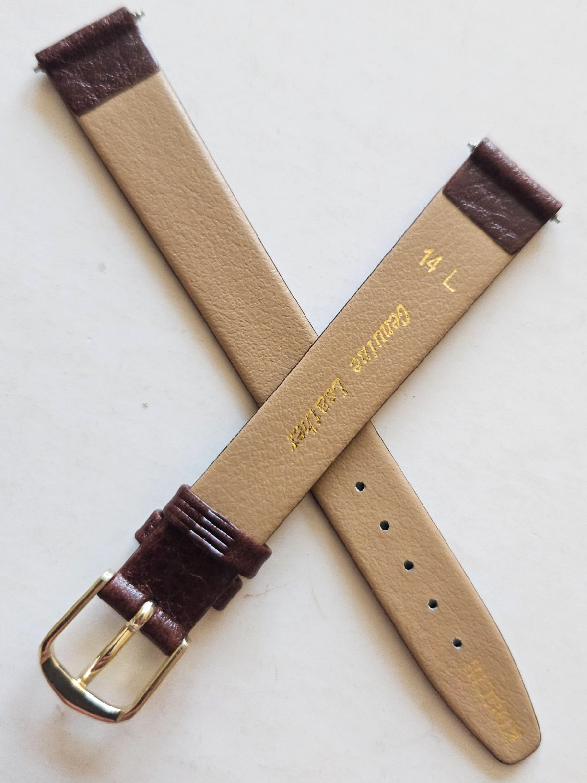 14mm / Long – Brown Leather Watch Band – ( Gold Buckle / Pins Included )