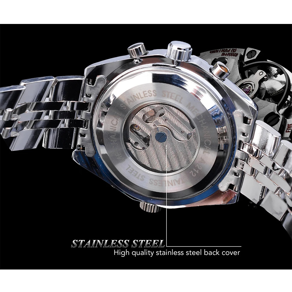 Jaragar Blue Glass Design Black Silver Automatic Watch Stainless Steel Date…