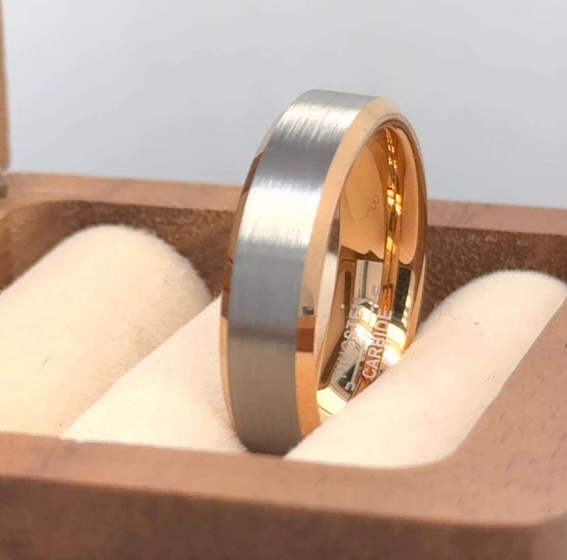 Silver & Rose Gold Tungsten Couple Ring – Elegant Two Tone Engagement Band