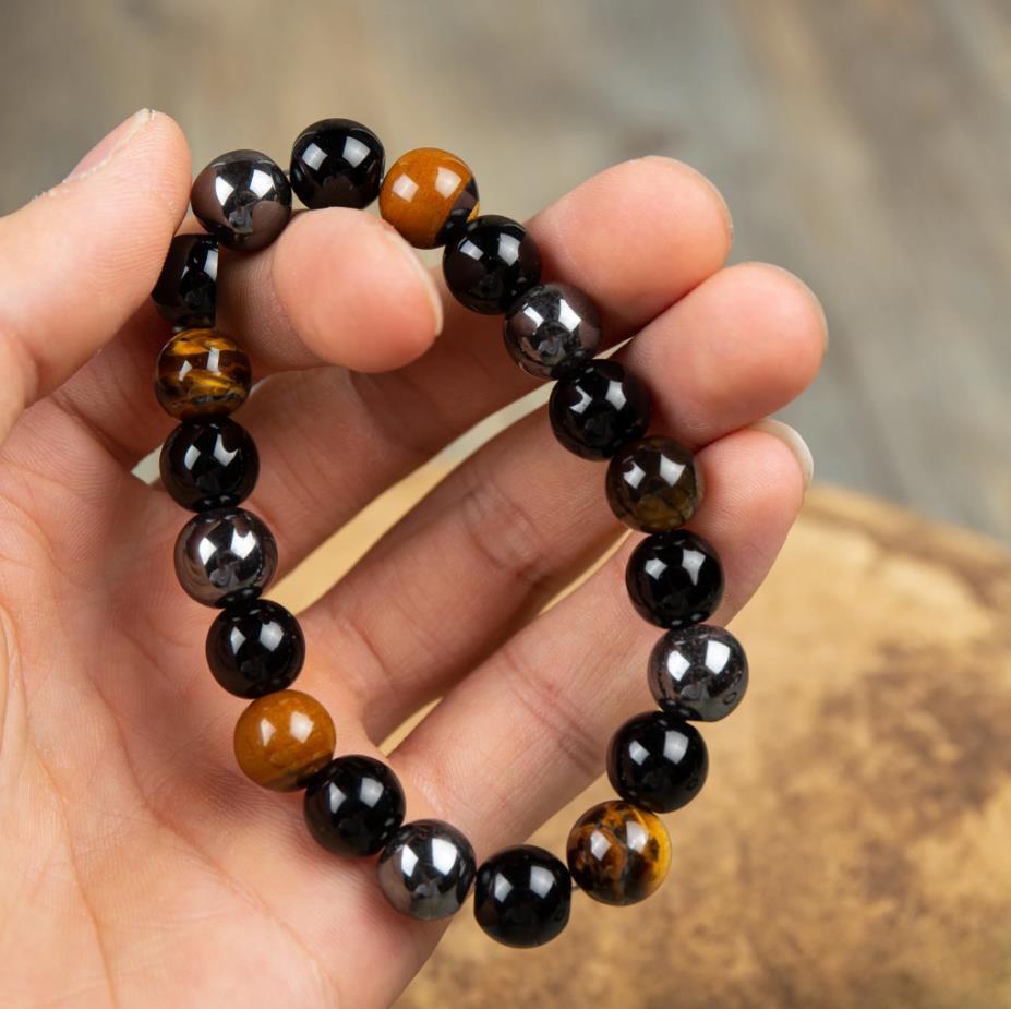 10mm Beaded Triple Protection Tiger Eye Obsidian Hematite Men Stretchy Bracelet