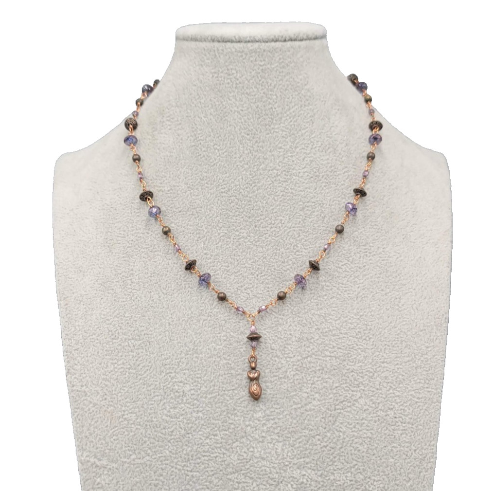 Y Drop Beaded Necklace Copper tone Female Goddess Pendant 18″