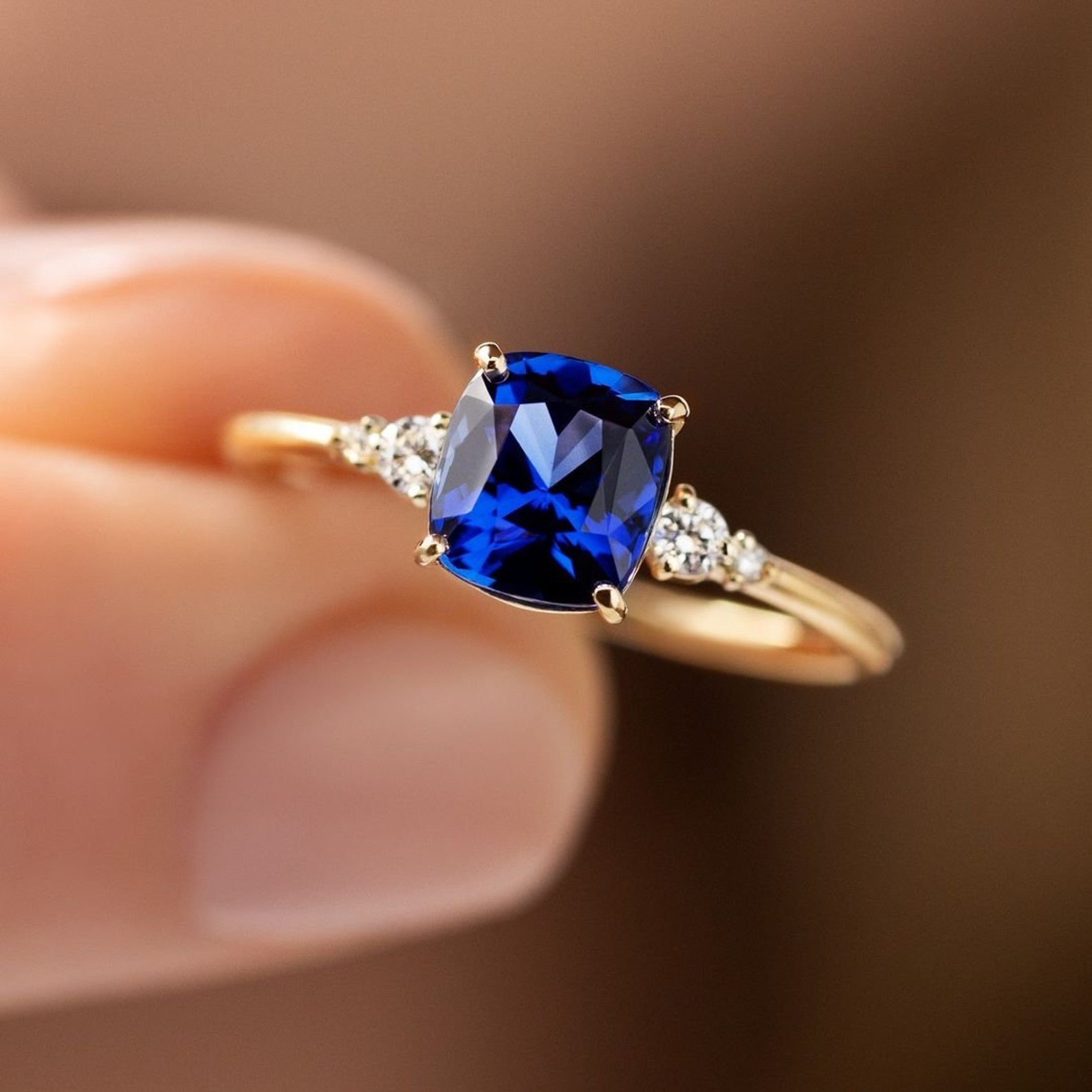 Blue sapphire ring yellow gold cushion cut blue sapphire ring blue ring