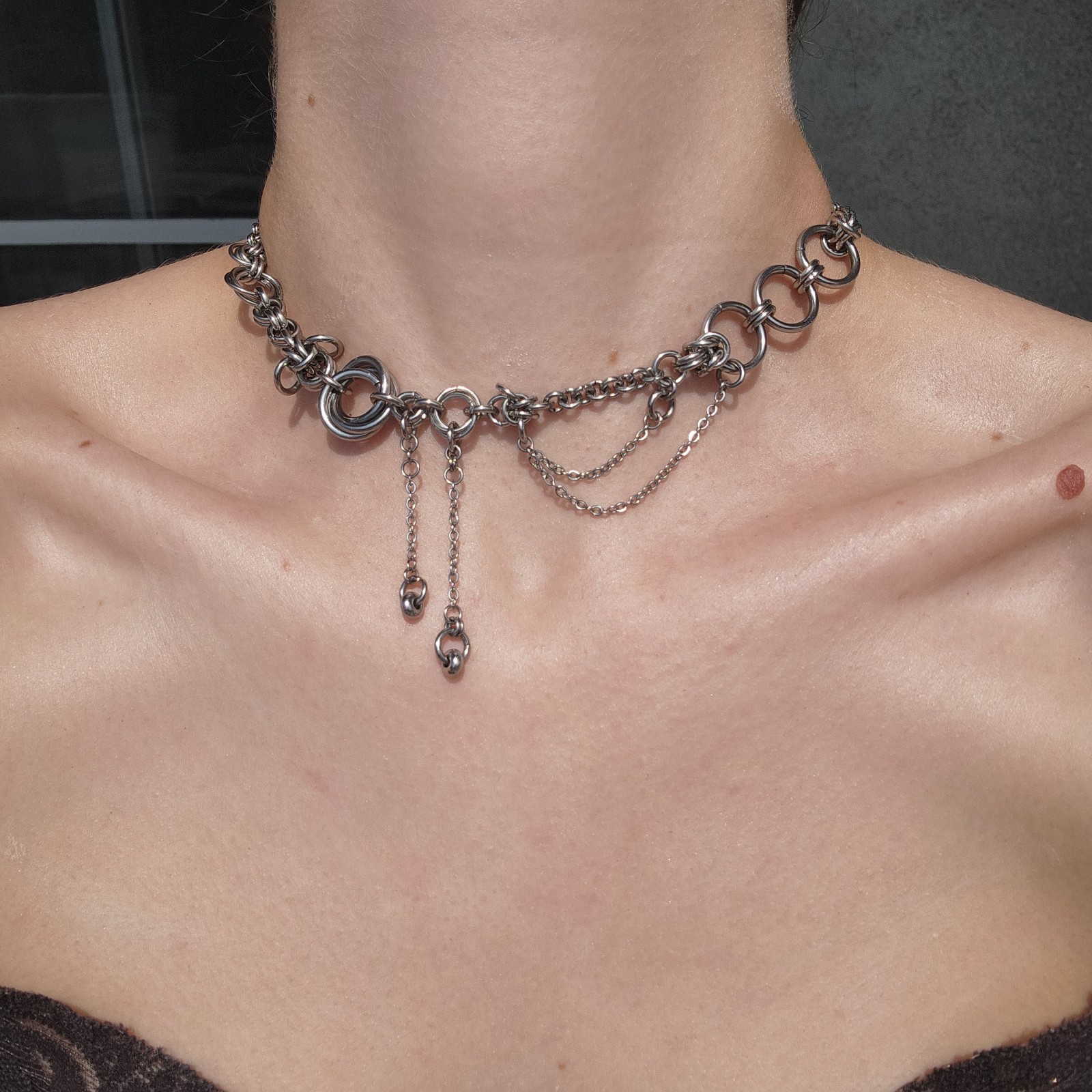Gothic asymmetrical stainless steel chainmail necklace