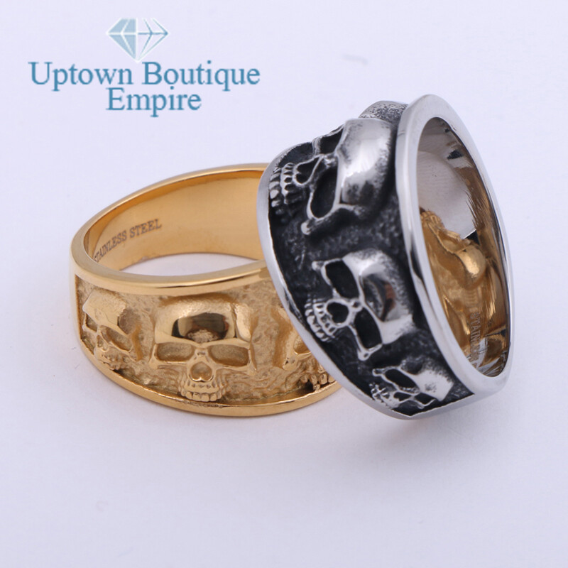 Men Gold Plated Stainless Steel Gothic Motorcycle Biker Skull Band Pinky Ring#62