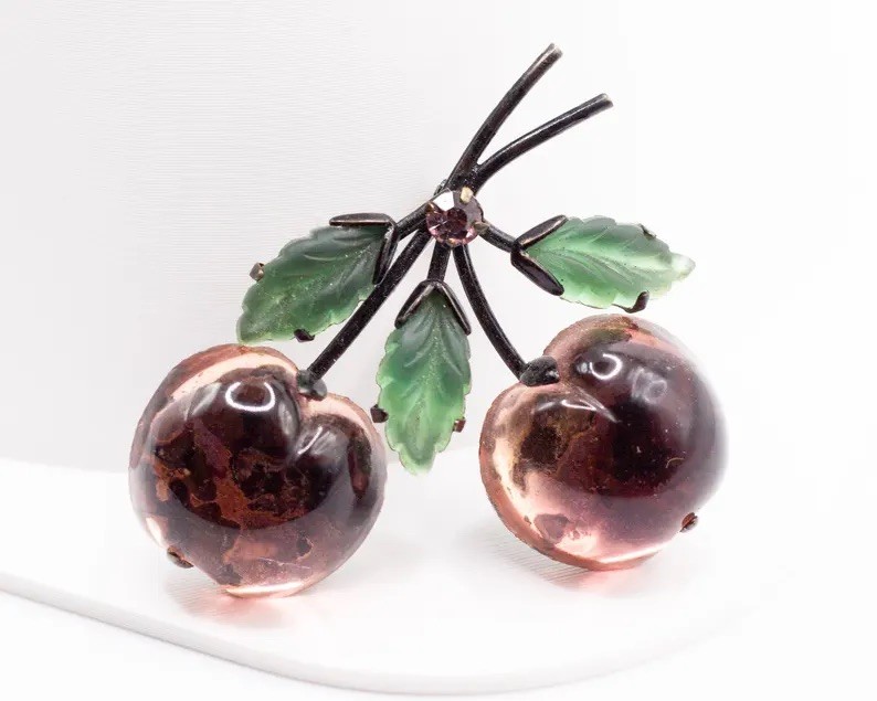 Vintage 50s Signed Austria Double Glossy Glass Cherry Brooch Pin