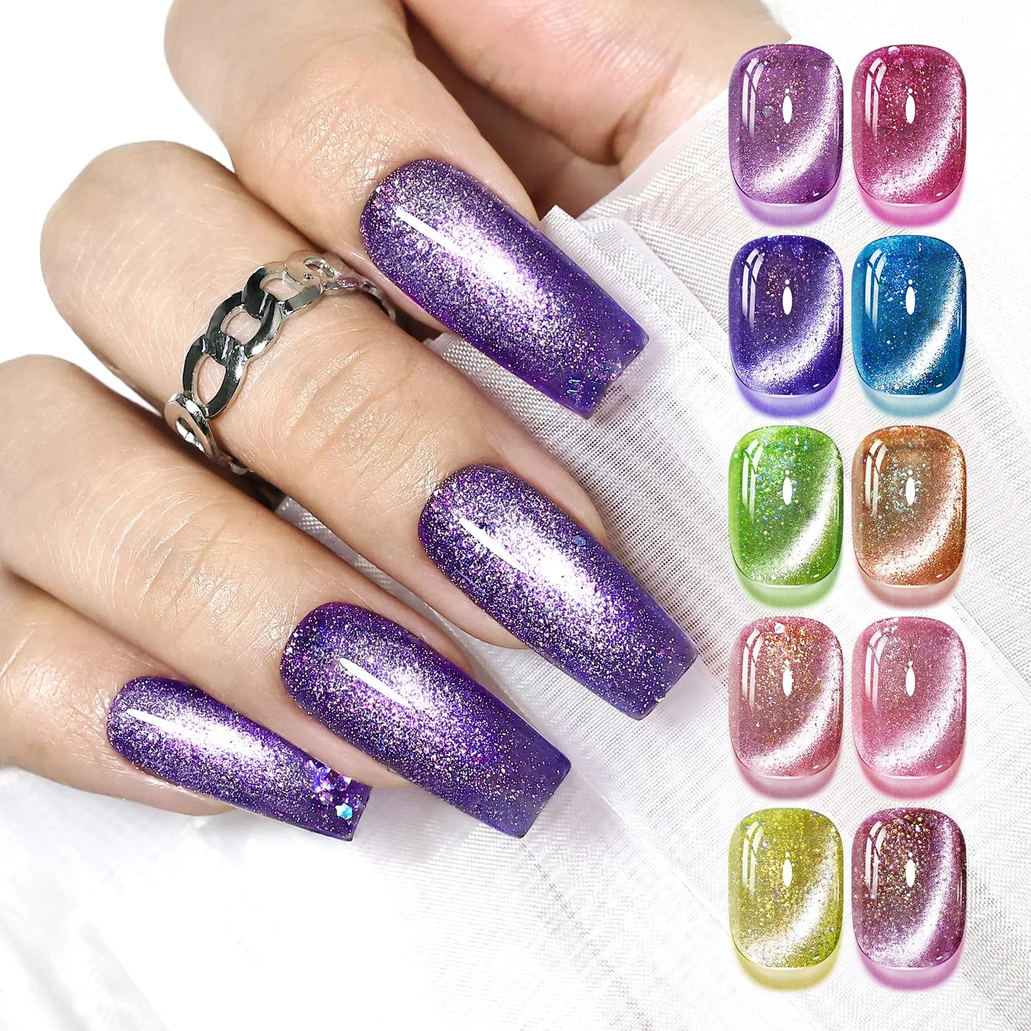 Cat Eye Gel Nail Polish Set 10 Colors Glitter Pink Purple Blue Green with Base C