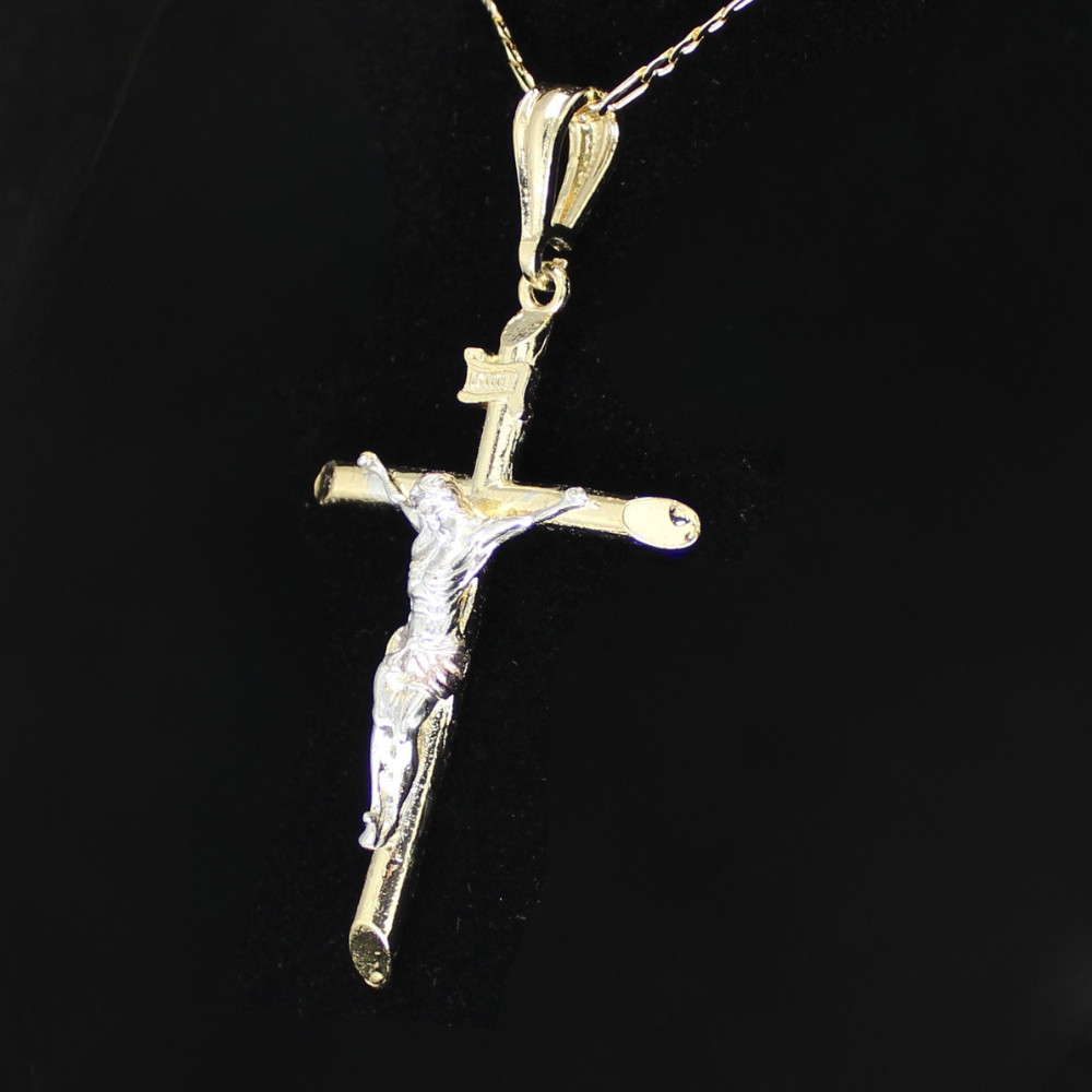 14k Two Tone Plated 65mm Crucifix Pendant 20″ Figaro Chain Men Women Necklace
