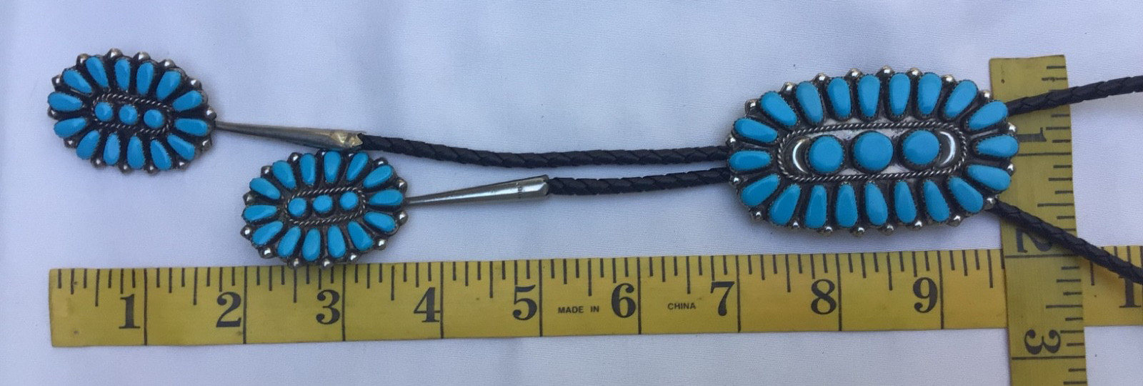 Vintage Native American BOLO TIE Silver & Cluster Turquoise Stones Zuni UNMARKED