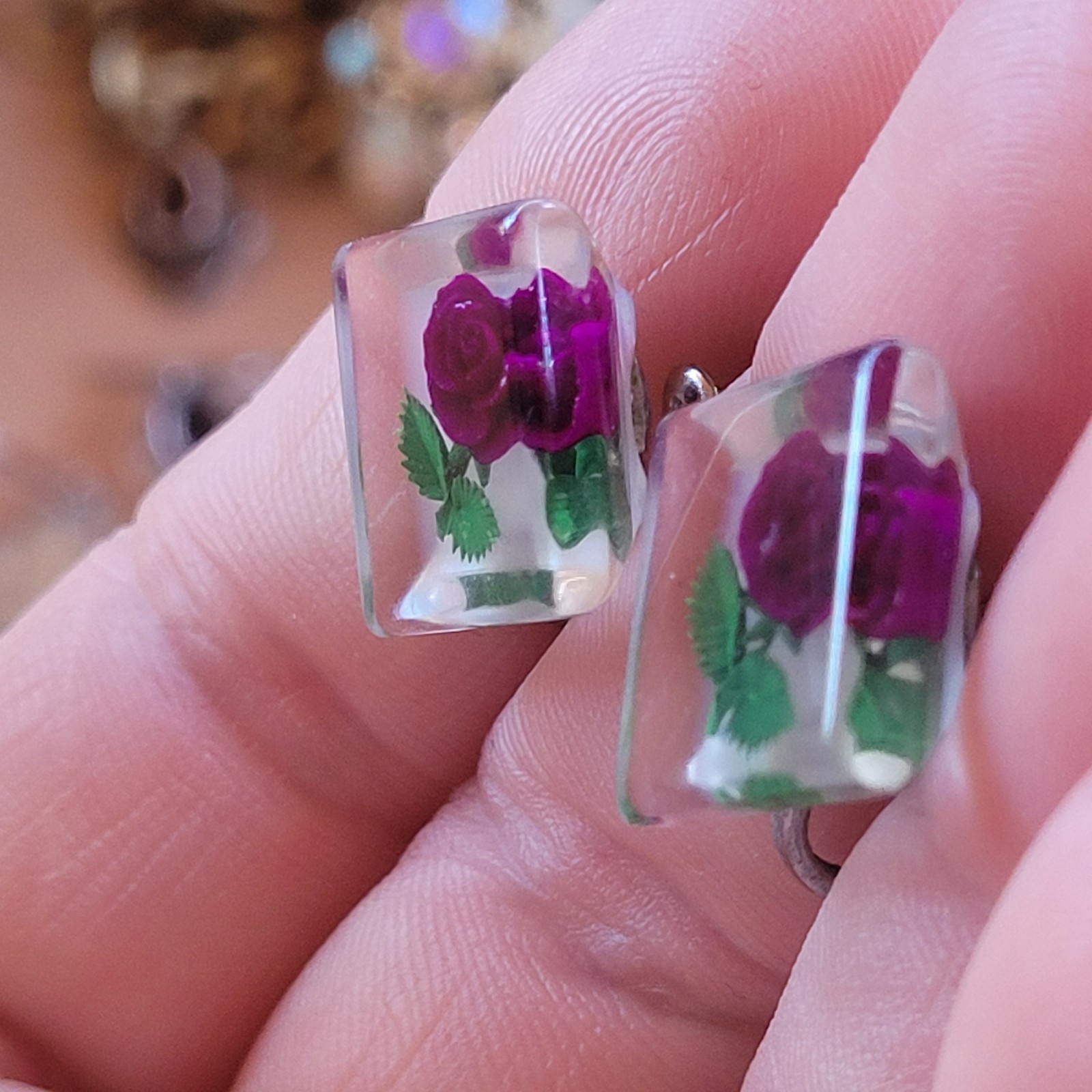 1960s Acrylic Lucite Earrings Purple Rose