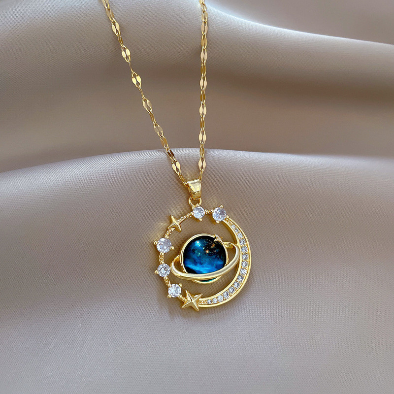 Night Sky Necklace Stainless Steel Moon&Stars Pave CZ Pendant Chain Necklace