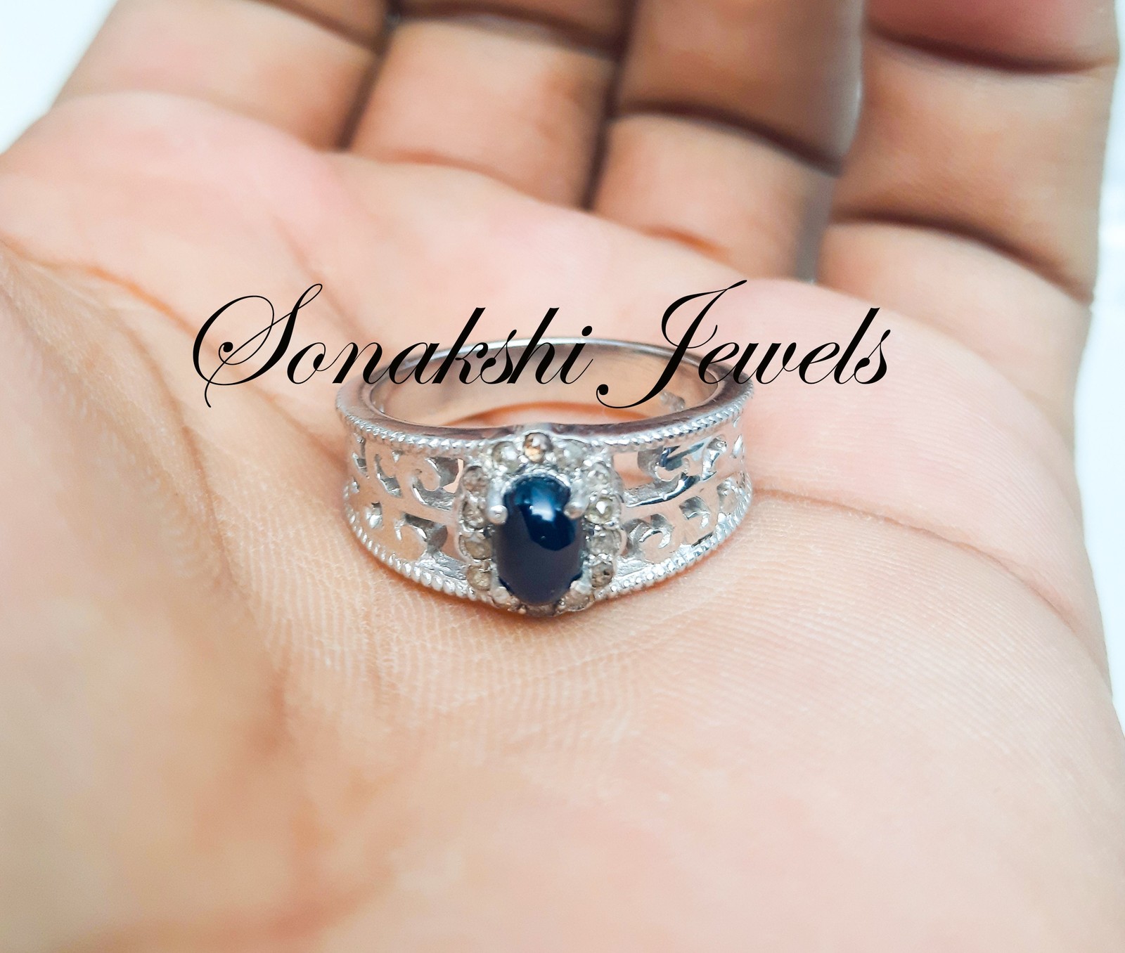 Blue Sapphire Ring: Handcrafted Sterling Silver Pave Diamond Jewelry Ring