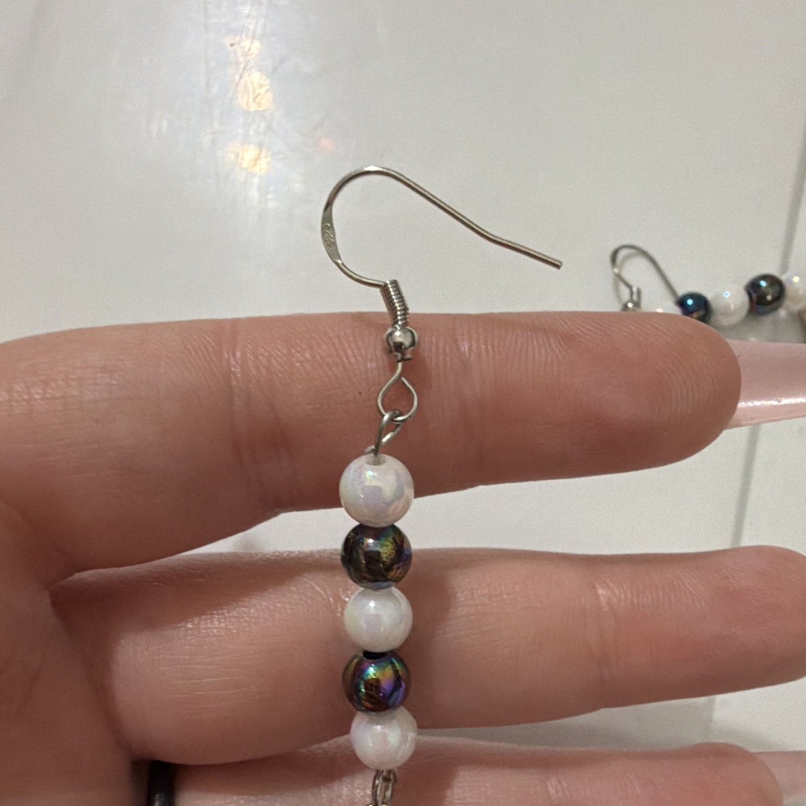 Beaded Dangle/Drop Earrings Hook Closure White Multicolor Glass Beads No Stone