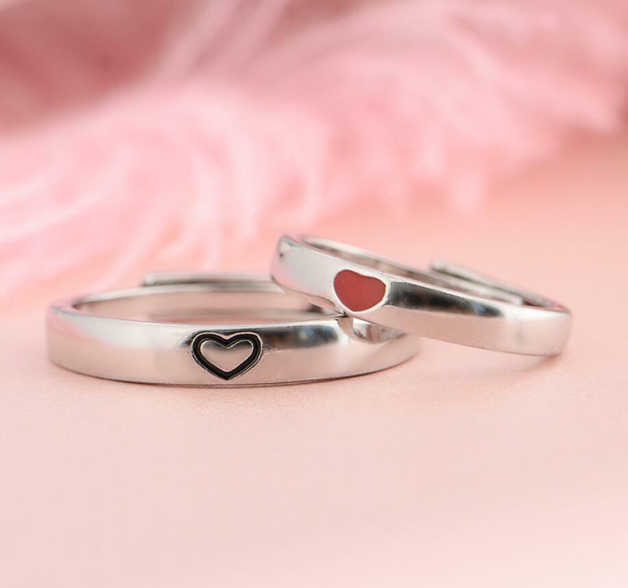 Silver SP Red Heart Adjustable Pair Couple Love Ring