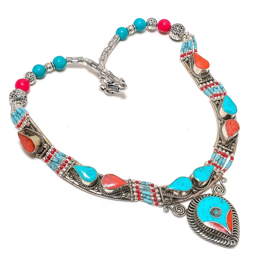 Turquoise Red Coral Gemstone Tibetan Necklace Handmade Nepali Jewelry 18″ N64