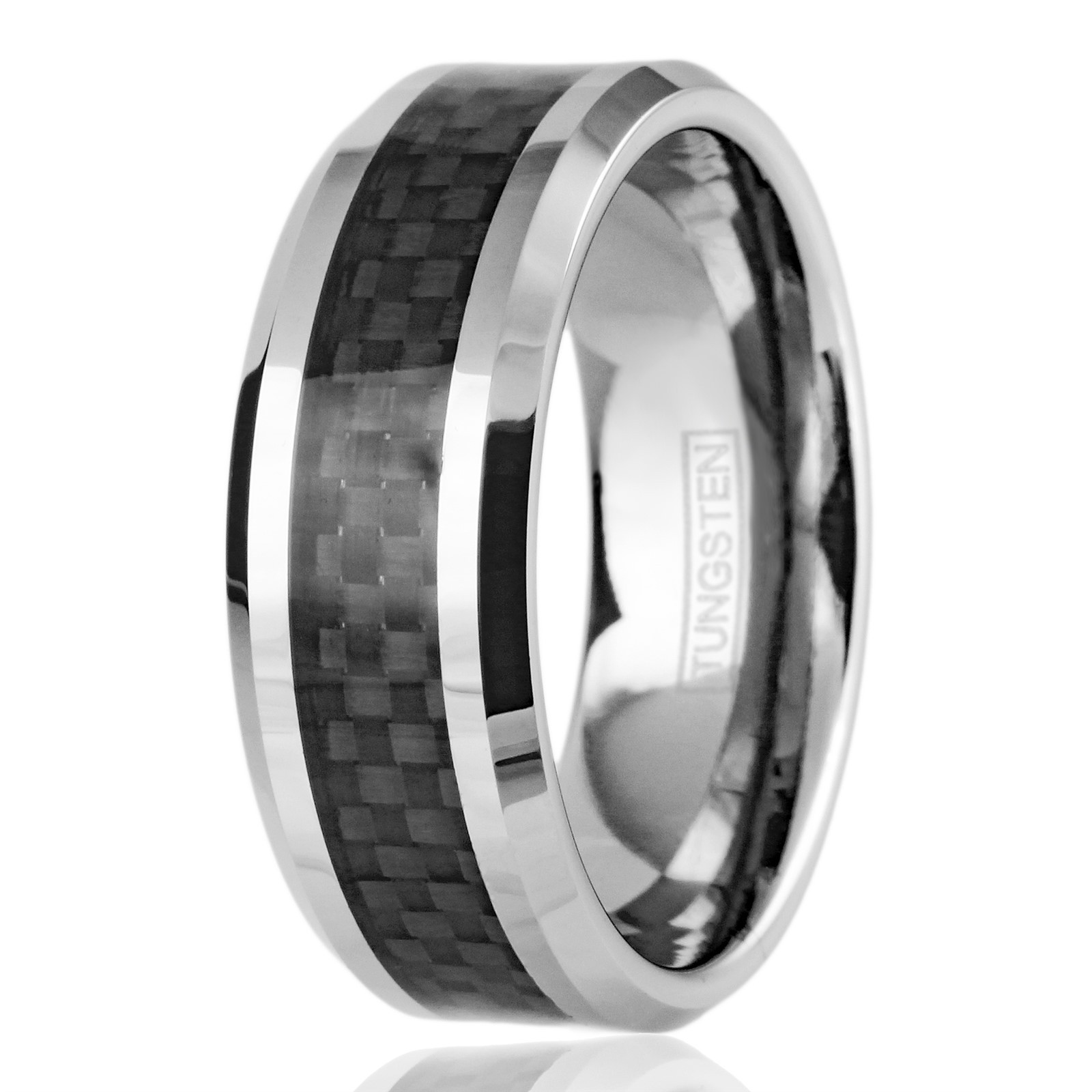 Tungsten Carbide Men’s Ring Silver with Black Carbon Fiber Stripe Wedding Band