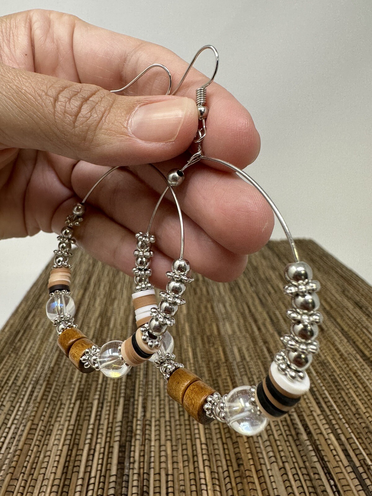 Silver tone boho hoop earrings handmade with wire and beads bohemian earrings