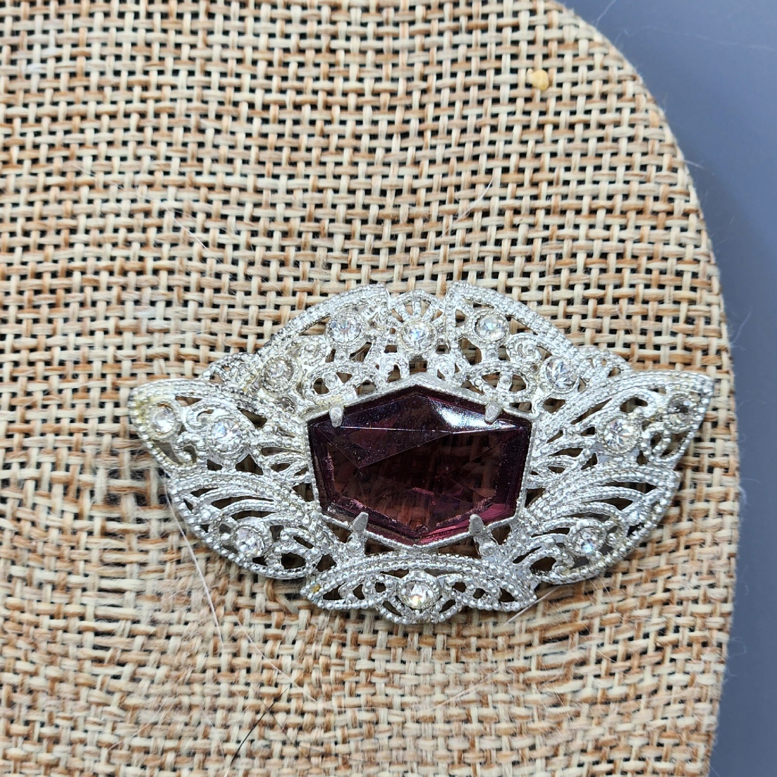 Art Deco Little Nemo L/M Signed Purple Hexagon Glass & Paste Pot Metal Brooch