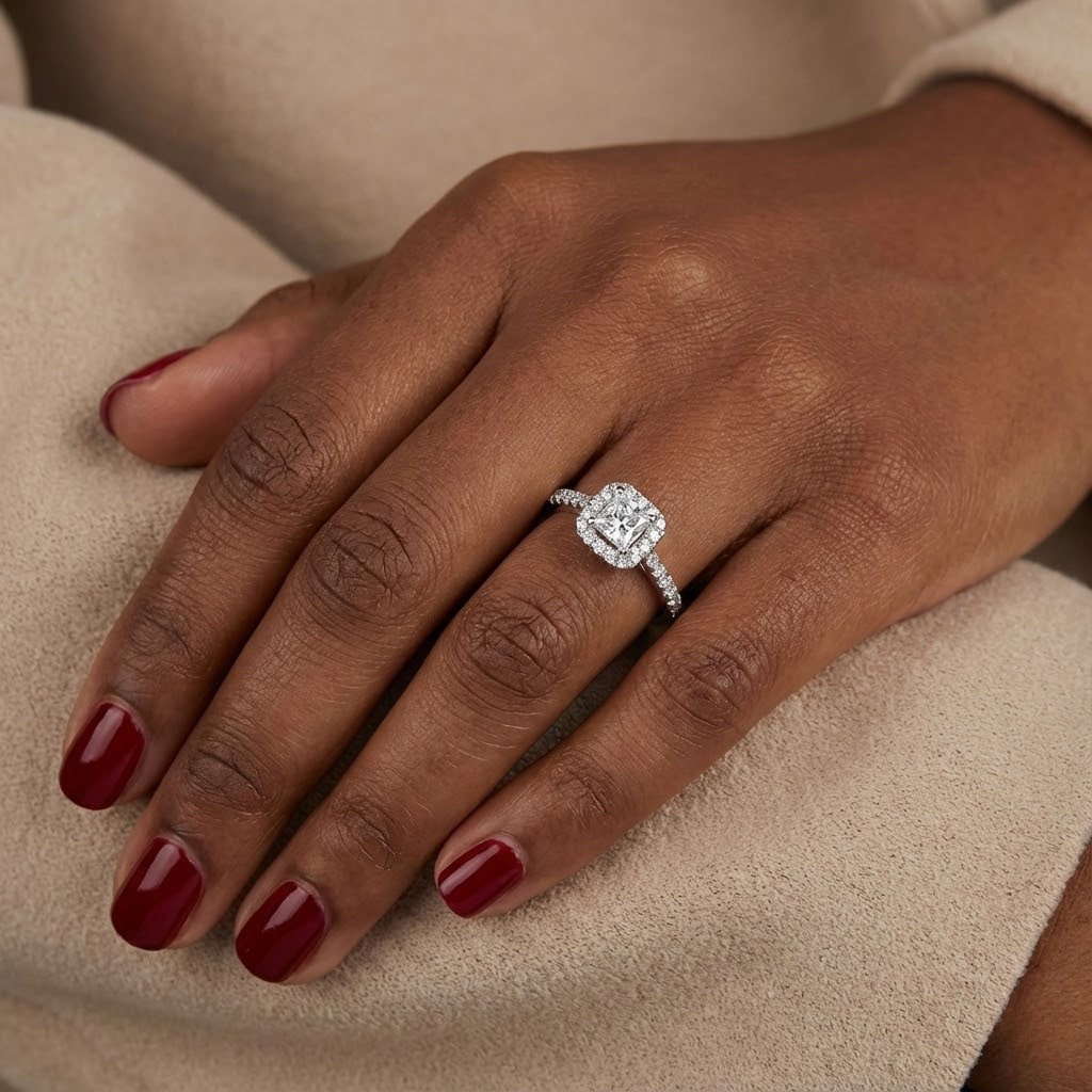 18K White Gold Engagement Ring Halo 1.33 Carat Princess Lab-Grown Diamond F VS1