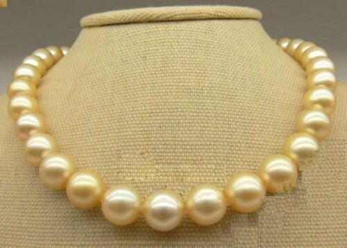 Huge 17″12-15mm south sea genuine gold perfect round pearl necklace 16633